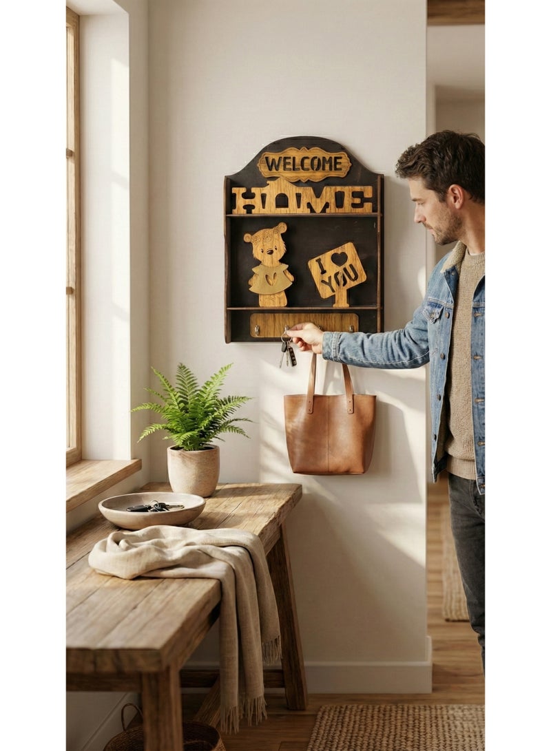 حامل مفاتيح خشبي يعلق على الحائط بتصميم "Welcome Home" - رف تنظيم مدخل المنزل مع 4 خطافات لتعليق المفاتيح - شكل دبدوب - Image 4